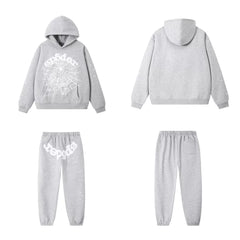 SP5DER Web Graphic Pullover Hoodie and Sweatpants Matching Set - Heather Grey