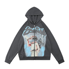 MIXED EMOTION Angel Artwork Graphic Zip-Up Hoodie