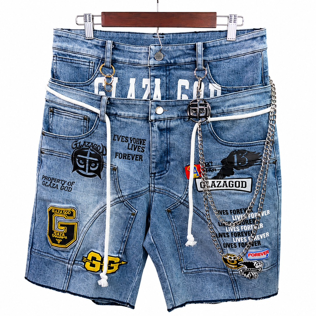 GLAZA GOD Shorts Denim `Patches' -Double Waistband |Blue Jeans