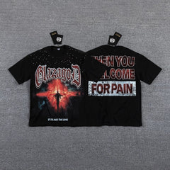GLAZA GOD Men's Gothic Graphic Oversized T-Shirt – Dark Streetwear Double-Sided Print Casual Tee