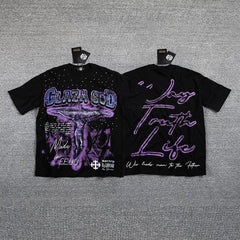 GLAZA GOD Men's Vintage Graphic Oversized T-Shirt – Gothic Streetwear Double-Sided Print Casual Tee