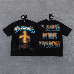GLAZA GOD Men's Vintage Graphic Oversized T-Shirt – Cross Print Streetwear Double-Sided Casual Tee