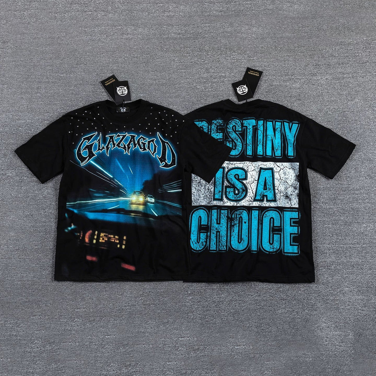 GLAZA GOD Men's Y2K Graphic Oversized T-Shirt – Blue Print Streetwear Double-Sided Casual Tee